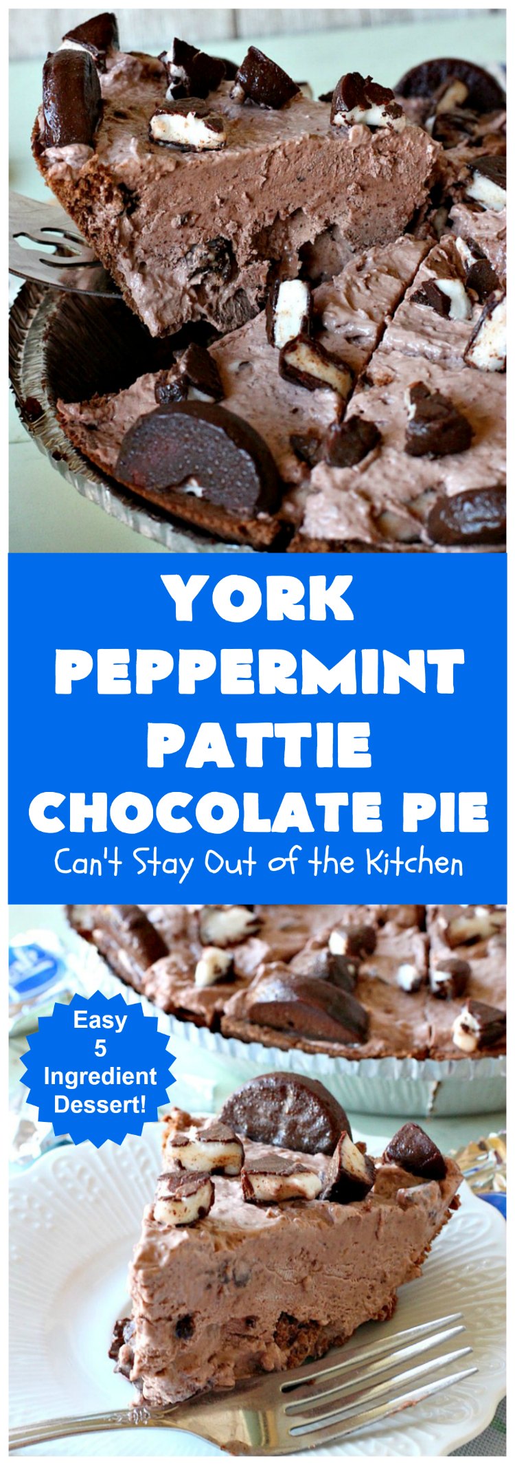 York Peppermint Pattie Chocolate Pie | Can't Stay Out of the Kitchen | this amazing #pie is chocked full of #YorkPeppermintPatties so it has amazing #chocolate & #peppermint flavor. Terrific #dessert for company or #holidays. #ChocolatePie #HolidayDessert #ChocolateDessert #PeppermintDessert #YorkPeppermintPattieChocolatePie