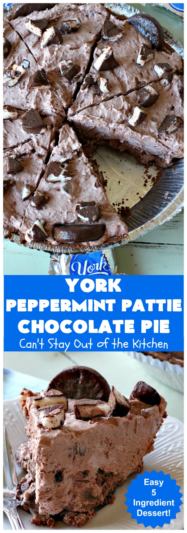 York Peppermint Pattie Chocolate Pie | Can't Stay Out of the Kitchen | this amazing #pie is chocked full of #YorkPeppermintPatties so it has amazing #chocolate & #peppermint flavor. Terrific #dessert for company or #holidays. #ChocolatePie #HolidayDessert #ChocolateDessert #PeppermintDessert #YorkPeppermintPattieChocolatePie