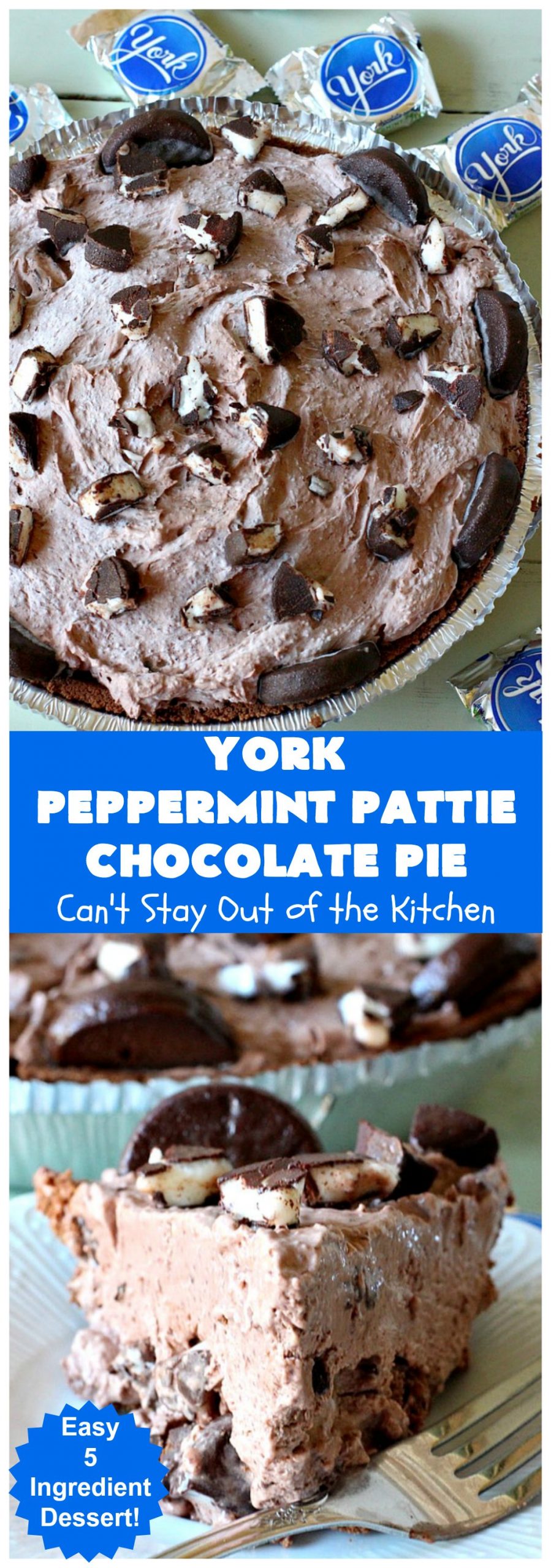 York Peppermint Pattie Chocolate Pie | Can't Stay Out of the Kitchen | this amazing #pie is chocked full of #YorkPeppermintPatties so it has amazing #chocolate & #peppermint flavor. Terrific #dessert for company or #holidays. #ChocolatePie #HolidayDessert #ChocolateDessert #PeppermintDessert #YorkPeppermintPattieChocolatePie
