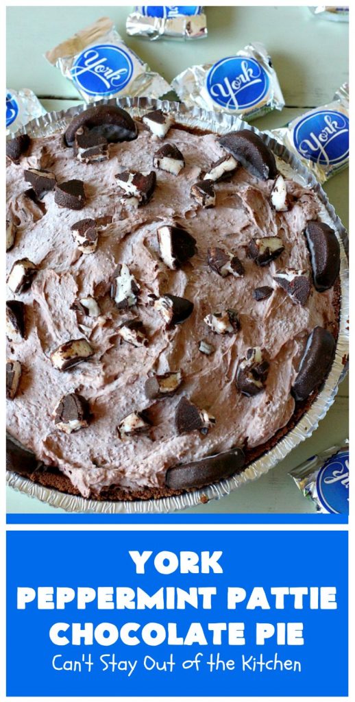 York Peppermint Pattie Chocolate Pie | Can't Stay Out of the Kitchen | this amazing #pie is chocked full of #YorkPeppermintPatties so it has amazing #chocolate & #peppermint flavor. Terrific #dessert for company or #holidays. #ChocolatePie #HolidayDessert #ChocolateDessert #PeppermintDessert #YorkPeppermintPattieChocolatePie