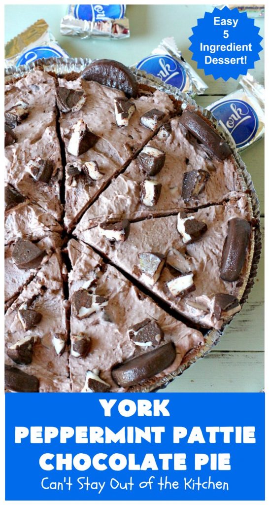 York Peppermint Pattie Chocolate Pie | Can't Stay Out of the Kitchen | this amazing #pie is chocked full of #YorkPeppermintPatties so it has amazing #chocolate & #peppermint flavor. Terrific #dessert for company or #holidays. #ChocolatePie #HolidayDessert #ChocolateDessert #PeppermintDessert #YorkPeppermintPattieChocolatePie