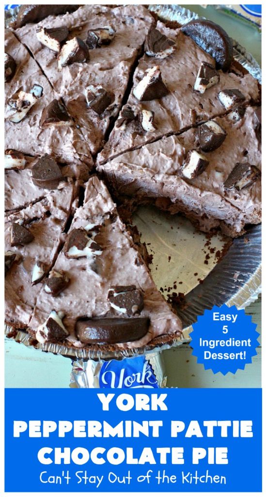 York Peppermint Pattie Chocolate Pie | Can't Stay Out of the Kitchen | this amazing #pie is chocked full of #YorkPeppermintPatties so it has amazing #chocolate & #peppermint flavor. Terrific #dessert for company or #holidays. #ChocolatePie #HolidayDessert #ChocolateDessert #PeppermintDessert #YorkPeppermintPattieChocolatePie