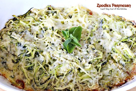 Zoodles Parmesan | Can't Stay Out of the Kitchen | this skinny & delicious side dish is a great way to use up garden #zucchini. #Parmesancheese adds gooeyness to this tasty #casserole. Great for #holiday menus too.