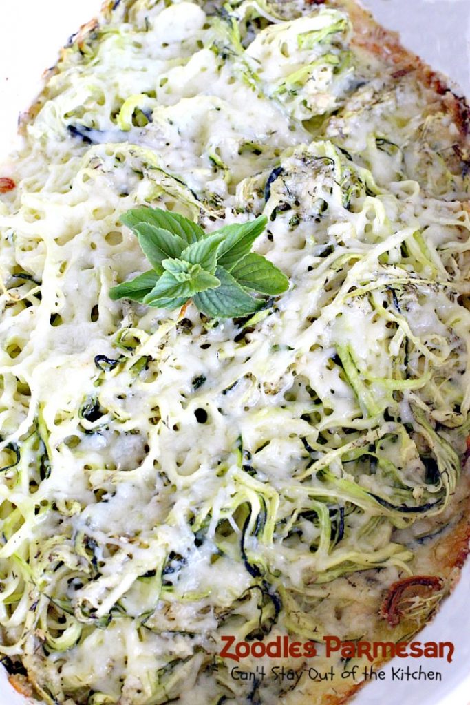 Zoodles Parmesan | Can't Stay Out of the Kitchen | this skinny & delicious side dish is a great way to use up garden #zucchini. #Parmesancheese adds gooeyness to this tasty #casserole. Great for #holiday menus too.