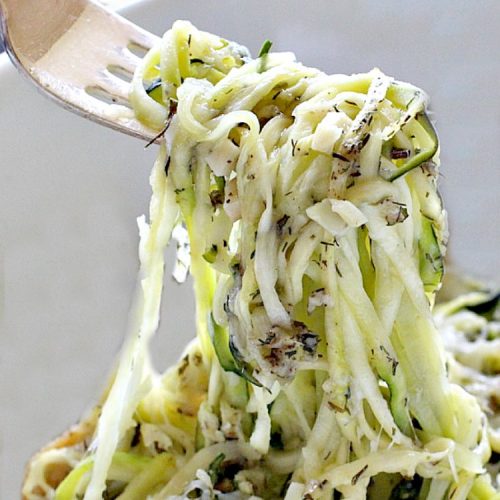 Zoodles Parmesan | Can't Stay Out of the Kitchen | this skinny & delicious side dish is a great way to use up garden #zucchini. #Parmesancheese adds gooeyness to this tasty #casserole. Great for #holiday menus too.