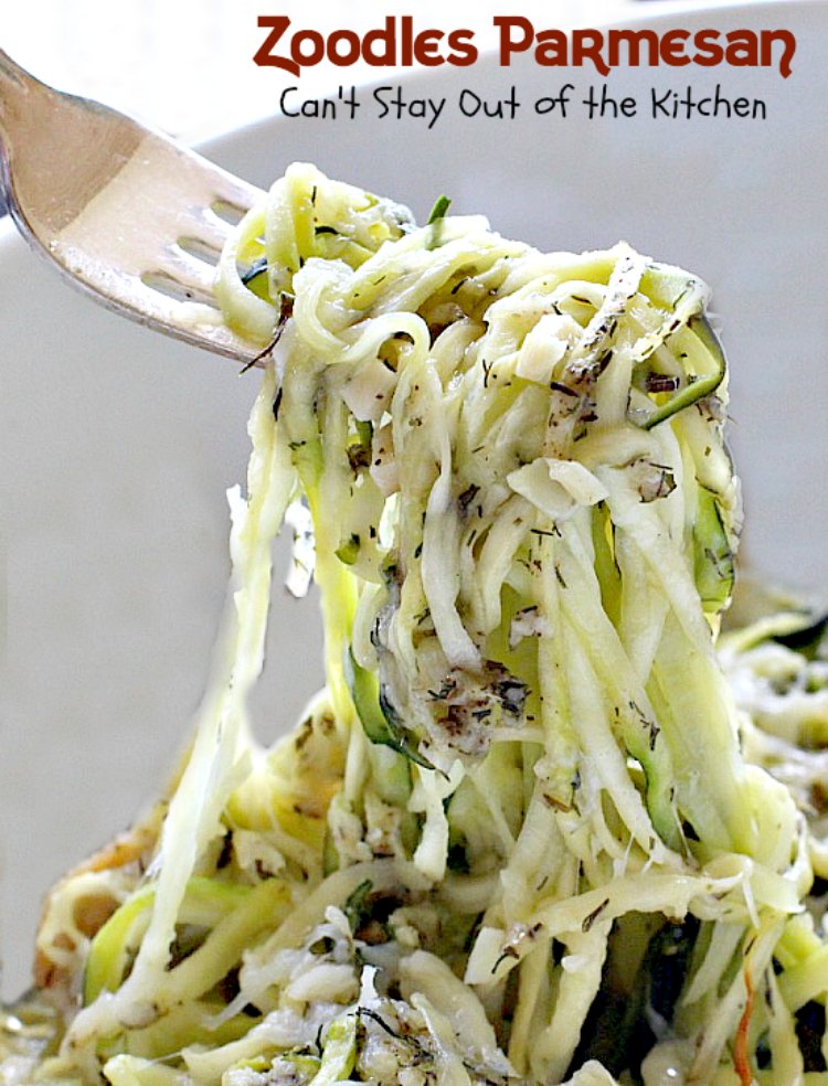 Zoodles Parmesan | Can't Stay Out of the Kitchen | this skinny & delicious side dish is a great way to use up garden #zucchini. #Parmesancheese adds gooeyness to this tasty #casserole. Great for #holiday menus too.