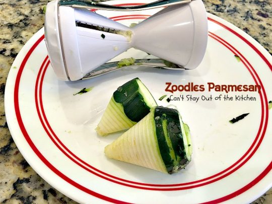 Zoodles Parmesan | Can't Stay Out of the Kitchen | this skinny & delicious side dish is a great way to use up garden #zucchini. #Parmesancheese adds gooeyness to this tasty #casserole. Great for #holiday menus too.