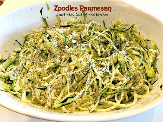 Zoodles Parmesan | Can't Stay Out of the Kitchen | this skinny & delicious side dish is a great way to use up garden #zucchini. #Parmesancheese adds gooeyness to this tasty #casserole. Great for #holiday menus too.
