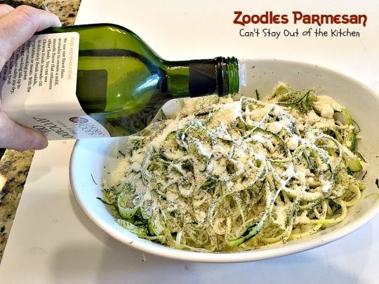 Zoodles Parmesan | Can't Stay Out of the Kitchen | this skinny & delicious side dish is a great way to use up garden #zucchini. #Parmesancheese adds gooeyness to this tasty #casserole. Great for #holiday menus too.