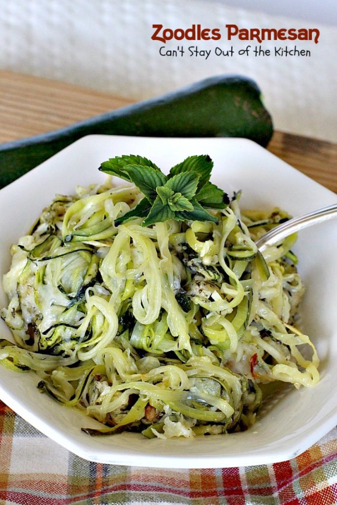 Zoodles Parmesan | Can't Stay Out of the Kitchen | this skinny & delicious side dish is a great way to use up garden #zucchini. #Parmesancheese adds gooeyness to this tasty #casserole. Great for #holiday menus too.