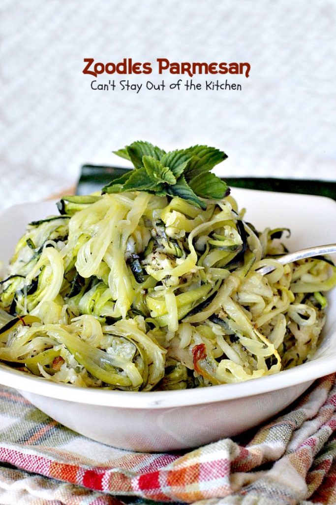 Zoodles Parmesan | Can't Stay Out of the Kitchen | this skinny & delicious side dish is a great way to use up garden #zucchini. #Parmesancheese adds gooeyness to this tasty #casserole. Great for #holiday menus too.