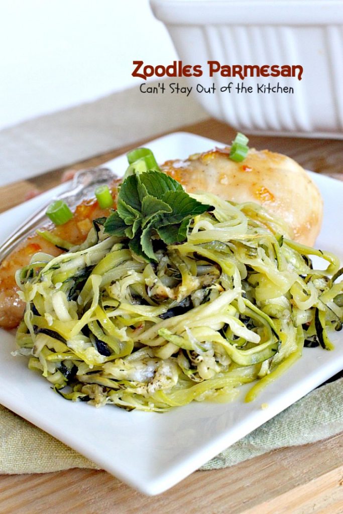 Zoodles Parmesan | Can't Stay Out of the Kitchen | this skinny & delicious side dish is a great way to use up garden #zucchini. #Parmesancheese adds gooeyness to this tasty #casserole. Great for #holiday menus too.