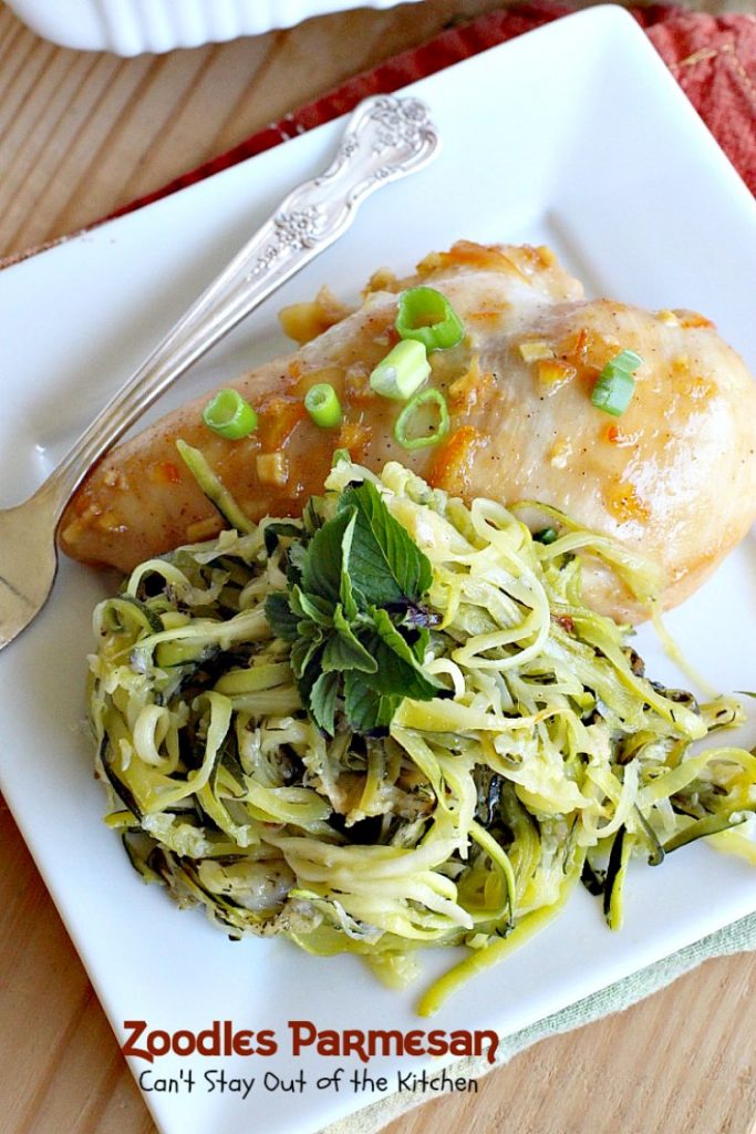 Zoodles Parmesan | Can't Stay Out of the Kitchen | this skinny & delicious side dish is a great way to use up garden #zucchini. #Parmesancheese adds gooeyness to this tasty #casserole. Great for #holiday menus too.