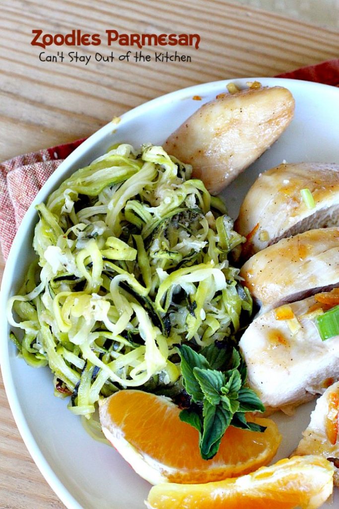 Zoodles Parmesan | Can't Stay Out of the Kitchen | this skinny & delicious side dish is a great way to use up garden #zucchini. #Parmesancheese adds gooeyness to this tasty #casserole. Great for #holiday menus too.