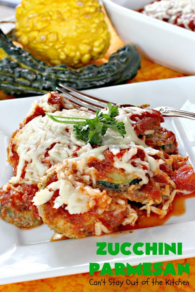 Zucchini Parmesan | Can't Stay Out of the Kitchen | this fantastic #zucchini #casserole is filled with breaded zucchini, #parmesan #cheese & #spaghettisauce. It's terrific for #MeatlessMondays or as a side dish for company & #holidays like #Thanksgiving or #Christmas.
