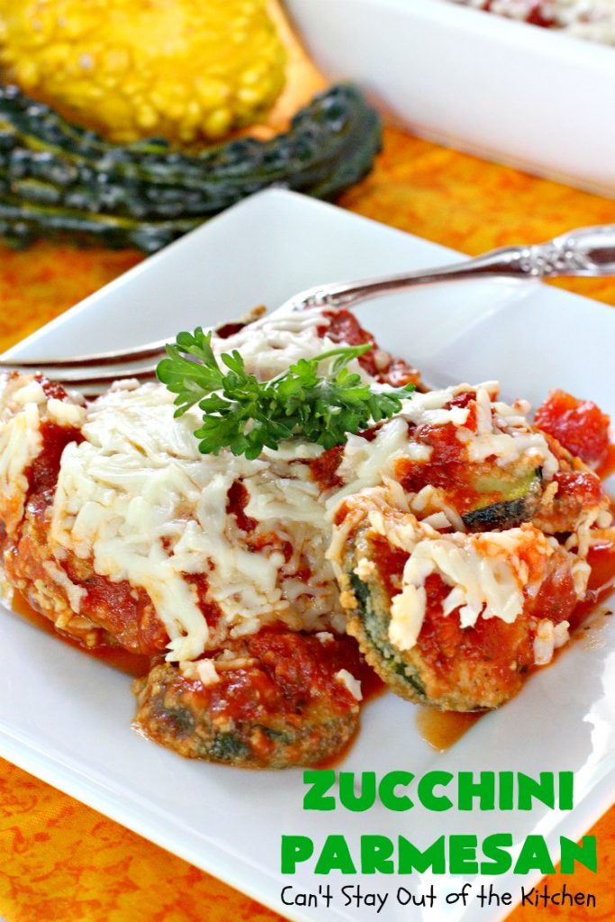 Zucchini Parmesan | Can't Stay Out of the Kitchen | this fantastic #zucchini #casserole is filled with breaded zucchini, #parmesan #cheese & #spaghettisauce. It's terrific for #MeatlessMondays or as a side dish for company & #holidays like #Thanksgiving or #Christmas.