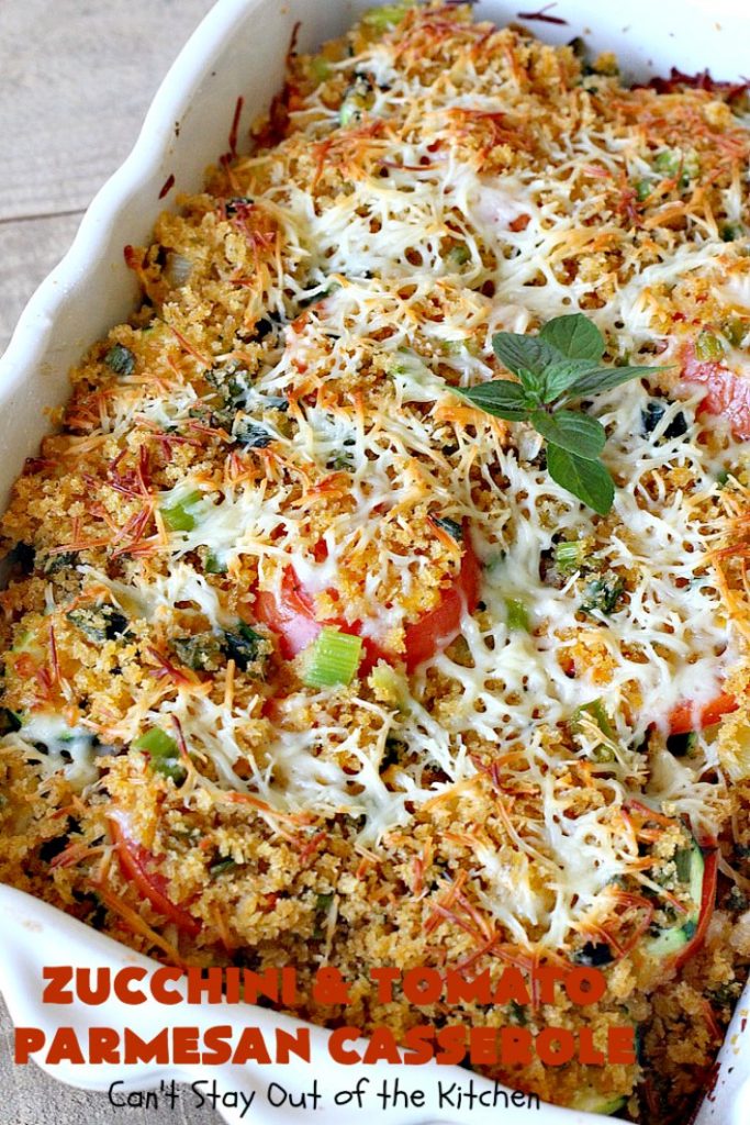 Zucchini and Tomato Parmesan Casserole | Can't Stay Out of the Kitchen | This fantastic #casserole is one of the best #zucchini side dishes you'll ever eat. It got rave reviews from our company. It has great #Italian flavor & is terrific for company or #holiday meals like #Thanksgiving. Great for #MeatlessMondays too. #tomatoes #ParmesanCheese #CheddarCheese #PankoBreadCrumbs  #ZucchiniCasserole #ZucchiniTomatoCasserole #HolidaySideDish #ZucchiniAndTomatoParmesanCasserole