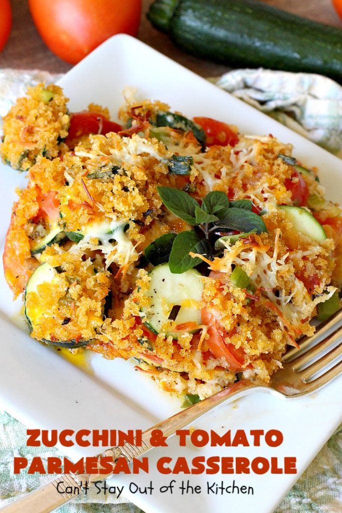 Zucchini and Tomato Parmesan Casserole | Can't Stay Out of the Kitchen | This fantastic #casserole is one of the best #zucchini side dishes you'll ever eat. It got rave reviews from our company. It has great #Italian flavor & is terrific for company or #holiday meals like #Thanksgiving. Great for #MeatlessMondays too. #tomatoes #ParmesanCheese #CheddarCheese #PankoBreadCrumbs  #ZucchiniCasserole #ZucchiniTomatoCasserole #HolidaySideDish #ZucchiniAndTomatoParmesanCasserole