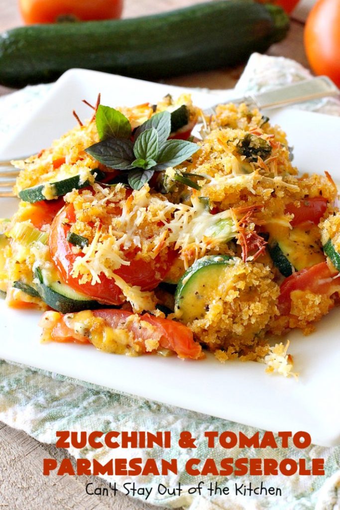 Zucchini and Tomato Parmesan Casserole | Can't Stay Out of the Kitchen | This fantastic #casserole is one of the best #zucchini side dishes you'll ever eat. It got rave reviews from our company. It has great #Italian flavor & is terrific for company or #holiday meals like #Thanksgiving. Great for #MeatlessMondays too. #tomatoes #ParmesanCheese #CheddarCheese #PankoBreadCrumbs  #ZucchiniCasserole #ZucchiniTomatoCasserole #HolidaySideDish #ZucchiniAndTomatoParmesanCasserole