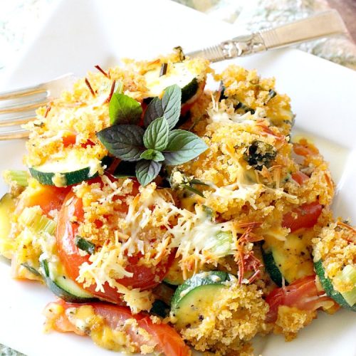 Zucchini and Tomato Parmesan Casserole | Can't Stay Out of the Kitchen | This fantastic #casserole is one of the best #zucchini side dishes you'll ever eat. It got rave reviews from our company. It has great #Italian flavor & is terrific for company or #holiday meals like #Thanksgiving. Great for #MeatlessMondays too. #tomatoes #ParmesanCheese #CheddarCheese #PankoBreadCrumbs #ZucchiniCasserole #ZucchiniTomatoCasserole #HolidaySideDish #ZucchiniAndTomatoParmesanCasserole