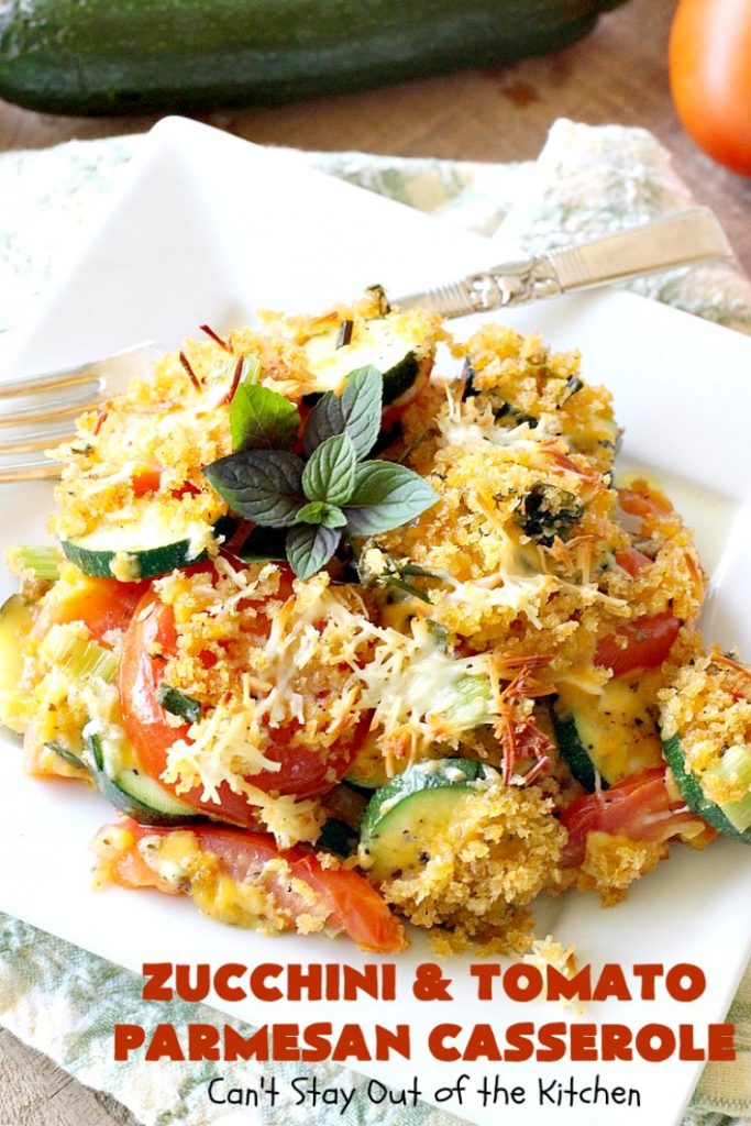 Zucchini and Tomato Parmesan Casserole | Can't Stay Out of the Kitchen | This fantastic #casserole is one of the best #zucchini side dishes you'll ever eat. It got rave reviews from our company. It has great #Italian flavor & is terrific for company or #holiday meals like #Thanksgiving. Great for #MeatlessMondays too. #tomatoes #ParmesanCheese #CheddarCheese #PankoBreadCrumbs  #ZucchiniCasserole #ZucchiniTomatoCasserole #HolidaySideDish #ZucchiniAndTomatoParmesanCasserole