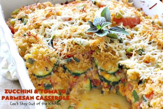 Zucchini and Tomato Parmesan Casserole | Can't Stay Out of the Kitchen | This fantastic #casserole is one of the best #zucchini side dishes you'll ever eat. It got rave reviews from our company. It has great #Italian flavor & is terrific for company or #holiday meals like #Thanksgiving. Great for #MeatlessMondays too. #tomatoes #ParmesanCheese #CheddarCheese #PankoBreadCrumbs  #ZucchiniCasserole #ZucchiniTomatoCasserole #HolidaySideDish #ZucchiniAndTomatoParmesanCasserole