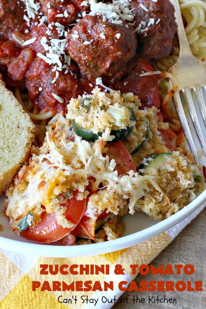 Zucchini and Tomato Parmesan Casserole | Can't Stay Out of the Kitchen | This fantastic #casserole is one of the best #zucchini side dishes you'll ever eat. It got rave reviews from our company. It has great #Italian flavor & is terrific for company or #holiday meals like #Thanksgiving. Great for #MeatlessMondays too. #tomatoes #ParmesanCheese #CheddarCheese #PankoBreadCrumbs  #ZucchiniCasserole #ZucchiniTomatoCasserole #HolidaySideDish #ZucchiniAndTomatoParmesanCasserole