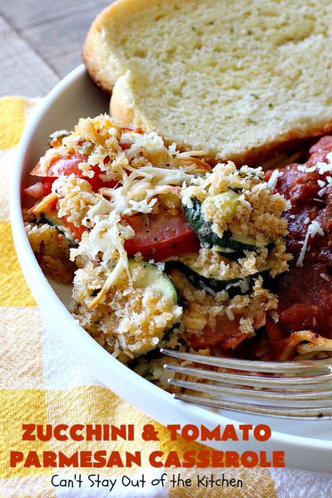 Zucchini and Tomato Parmesan Casserole | Can't Stay Out of the Kitchen | This fantastic #casserole is one of the best #zucchini side dishes you'll ever eat. It got rave reviews from our company. It has great #Italian flavor & is terrific for company or #holiday meals like #Thanksgiving. Great for #MeatlessMondays too. #tomatoes #ParmesanCheese #CheddarCheese #PankoBreadCrumbs  #ZucchiniCasserole #ZucchiniTomatoCasserole #HolidaySideDish #ZucchiniAndTomatoParmesanCasserole
