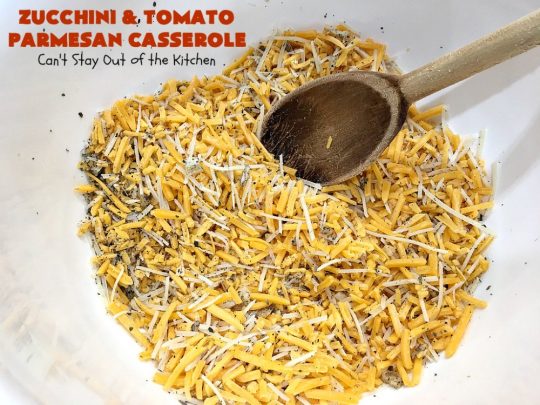 Zucchini and Tomato Parmesan Casserole | Can't Stay Out of the Kitchen | This fantastic #casserole is one of the best #zucchini side dishes you'll ever eat. It got rave reviews from our company. It has great #Italian flavor & is terrific for company or #holiday meals like #Thanksgiving. Great for #MeatlessMondays too. #tomatoes #ParmesanCheese #CheddarCheese #PankoBreadCrumbs  #ZucchiniCasserole #ZucchiniTomatoCasserole #HolidaySideDish #ZucchiniAndTomatoParmesanCasserole