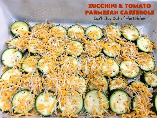 Zucchini and Tomato Parmesan Casserole | Can't Stay Out of the Kitchen | This fantastic #casserole is one of the best #zucchini side dishes you'll ever eat. It got rave reviews from our company. It has great #Italian flavor & is terrific for company or #holiday meals like #Thanksgiving. Great for #MeatlessMondays too. #tomatoes #ParmesanCheese #CheddarCheese #PankoBreadCrumbs  #ZucchiniCasserole #ZucchiniTomatoCasserole #HolidaySideDish #ZucchiniAndTomatoParmesanCasserole