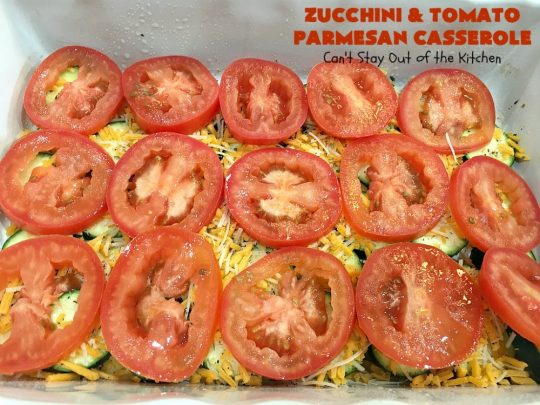 Zucchini and Tomato Parmesan Casserole | Can't Stay Out of the Kitchen | This fantastic #casserole is one of the best #zucchini side dishes you'll ever eat. It got rave reviews from our company. It has great #Italian flavor & is terrific for company or #holiday meals like #Thanksgiving. Great for #MeatlessMondays too. #tomatoes #ParmesanCheese #CheddarCheese #PankoBreadCrumbs  #ZucchiniCasserole #ZucchiniTomatoCasserole #HolidaySideDish #ZucchiniAndTomatoParmesanCasserole