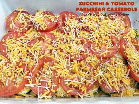 Zucchini and Tomato Parmesan Casserole | Can't Stay Out of the Kitchen | This fantastic #casserole is one of the best #zucchini side dishes you'll ever eat. It got rave reviews from our company. It has great #Italian flavor & is terrific for company or #holiday meals like #Thanksgiving. Great for #MeatlessMondays too. #tomatoes #ParmesanCheese #CheddarCheese #PankoBreadCrumbs  #ZucchiniCasserole #ZucchiniTomatoCasserole #HolidaySideDish #ZucchiniAndTomatoParmesanCasserole