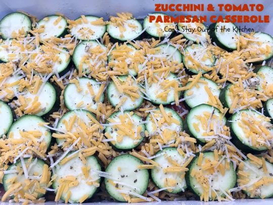 Zucchini and Tomato Parmesan Casserole | Can't Stay Out of the Kitchen | This fantastic #casserole is one of the best #zucchini side dishes you'll ever eat. It got rave reviews from our company. It has great #Italian flavor & is terrific for company or #holiday meals like #Thanksgiving. Great for #MeatlessMondays too. #tomatoes #ParmesanCheese #CheddarCheese #PankoBreadCrumbs  #ZucchiniCasserole #ZucchiniTomatoCasserole #HolidaySideDish #ZucchiniAndTomatoParmesanCasserole