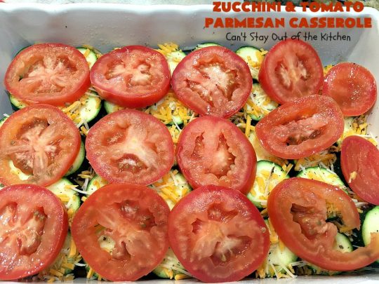 Zucchini and Tomato Parmesan Casserole | Can't Stay Out of the Kitchen | This fantastic #casserole is one of the best #zucchini side dishes you'll ever eat. It got rave reviews from our company. It has great #Italian flavor & is terrific for company or #holiday meals like #Thanksgiving. Great for #MeatlessMondays too. #tomatoes #ParmesanCheese #CheddarCheese #PankoBreadCrumbs  #ZucchiniCasserole #ZucchiniTomatoCasserole #HolidaySideDish #ZucchiniAndTomatoParmesanCasserole