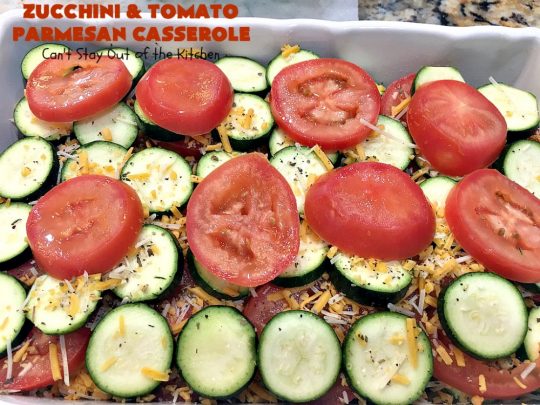 Zucchini and Tomato Parmesan Casserole | Can't Stay Out of the Kitchen | This fantastic #casserole is one of the best #zucchini side dishes you'll ever eat. It got rave reviews from our company. It has great #Italian flavor & is terrific for company or #holiday meals like #Thanksgiving. Great for #MeatlessMondays too. #tomatoes #ParmesanCheese #CheddarCheese #PankoBreadCrumbs  #ZucchiniCasserole #ZucchiniTomatoCasserole #HolidaySideDish #ZucchiniAndTomatoParmesanCasserole