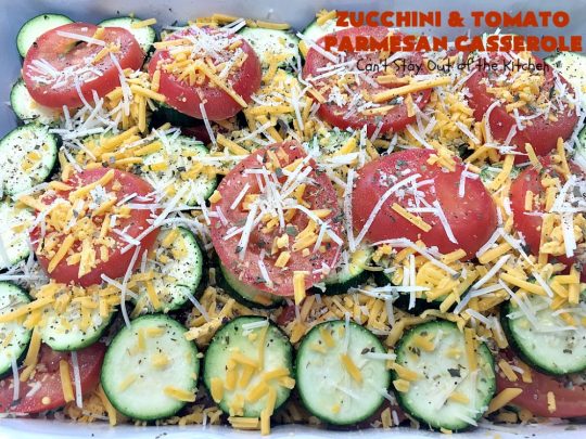 Zucchini and Tomato Parmesan Casserole | Can't Stay Out of the Kitchen | This fantastic #casserole is one of the best #zucchini side dishes you'll ever eat. It got rave reviews from our company. It has great #Italian flavor & is terrific for company or #holiday meals like #Thanksgiving. Great for #MeatlessMondays too. #tomatoes #ParmesanCheese #CheddarCheese #PankoBreadCrumbs  #ZucchiniCasserole #ZucchiniTomatoCasserole #HolidaySideDish #ZucchiniAndTomatoParmesanCasserole