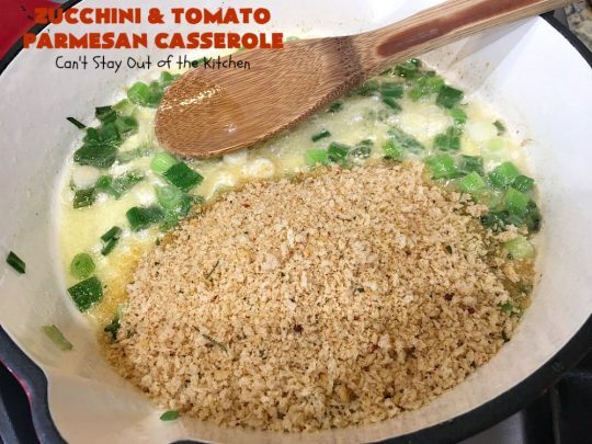 Zucchini and Tomato Parmesan Casserole | Can't Stay Out of the Kitchen | This fantastic #casserole is one of the best #zucchini side dishes you'll ever eat. It got rave reviews from our company. It has great #Italian flavor & is terrific for company or #holiday meals like #Thanksgiving. Great for #MeatlessMondays too. #tomatoes #ParmesanCheese #CheddarCheese #PankoBreadCrumbs  #ZucchiniCasserole #ZucchiniTomatoCasserole #HolidaySideDish #ZucchiniAndTomatoParmesanCasserole