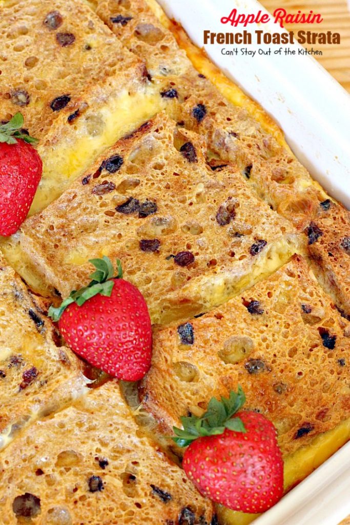 Apple Raisin French Toast Strata | Can't Stay Out of the Kitchen | This amazing #breakfast #casserole is divine! It uses #creamcheese #applepiefilling & #glutenfree cinnamon raisin #bread. Great for #holiday breakfasts.