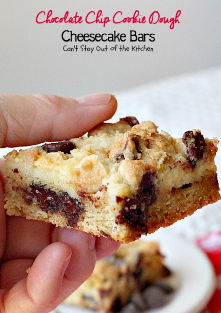 Chocolate Chip Cookie Dough Cheesecake Bars | Can't Stay Out of the Kitchen | these sensational #brownies combine the best of #chocolatechip #cookies with a luscious #cheesecake layer. We absolutely devoured them! #dessert #chocolate