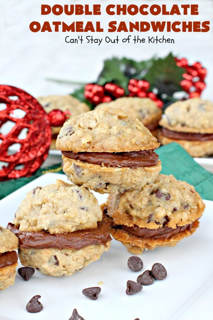Double Chocolate Oatmeal Cookies | Can't Stay Out of the Kitchen | these spectacular #OatmealCookies feature #ChocolateChips in the #cookies and a #chocolate #fudge frosting sandwiched between to die for! Amazing #dessert for #holiday #ChristmasCookie baking. #ChristmasCookieExchange #FallBaking #DoubleChocolateOatmealSandwiches #ChocolateFudgeFrosting #HolidayDessert