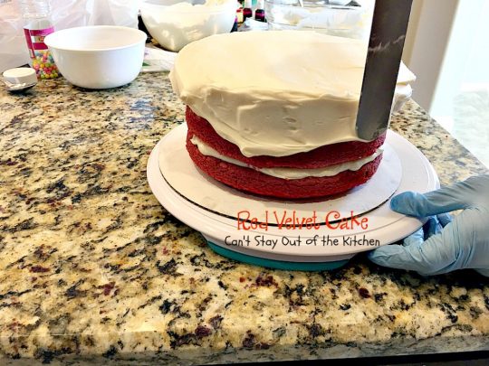 Red Velvet Cake | Can't Stay Out of the Kitchen | our favorite #RedVelvetCake recipe. This one has a luscious #creamcheese icing. Fabulous for anniversaries, #holidays or #Valentine'sDay. #cake #dessert #chocolate