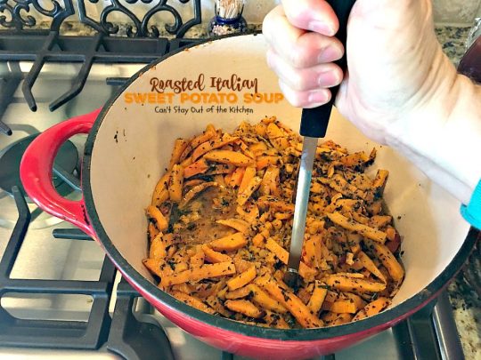 Roasted Italian Sweet Potato Soup | Can't Stay Out of the Kitchen | this #soup is amazing comfort food. Roasting the #sweetpotatoes adds incredible flavor. Plus, the soup is healthy, low calorie, #glutenfree & #vegan.